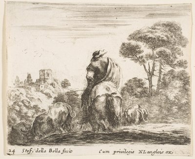 プレート24：後ろから見た馬の上の牧夫が彼の牛を丘に降ろします... 1644-47。 作： Stefano della Bella