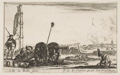 プレート2：左側にある大砲、背景の町、さまざまなミリタリーカプリク...、ca。 1641年。 作： Stefano della Bella