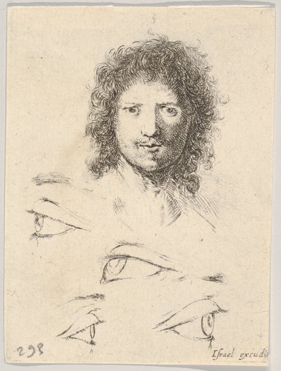 プレート2：上、若い男の頭、正面、下、4つの目、Th ...、ca。 1649 作： Stefano della Bella