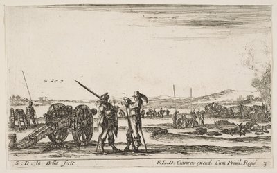 プレート3：中央の前景の兵士、左の大砲、f ...、ca。 1641年。 作： Stefano della Bella