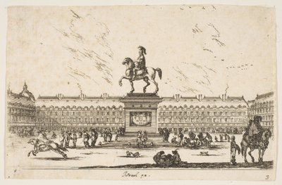 プレート3：ラプレイスロワイヤル、ルイ13世の騎馬像、左側の正面を向いて...、1642年。 作： Stefano della Bella