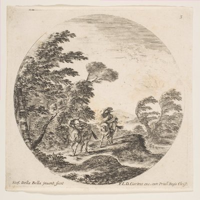 プレート3：森の強風、マントに包まれた2人の騎手、風のブロー...、ca。 1646年。 作： Stefano della Bella