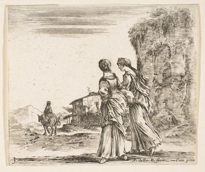 プレート3：後ろから見て左側に歩く2人の女の子、馬に乗った女性...、ca。 1644-47。 作： Stefano della Bella