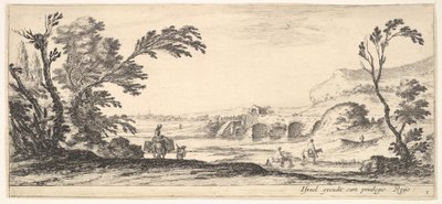プレート 3: 川を右に渡る 2 人の騎手、ロバの上に 2 つのバスケットを持つ女性... 1641年。 作： Stefano della Bella