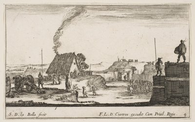 プレート4：兵士が欄干に立って右の美人に向かっている軍の野営地、およそ。 1641年。 作： Stefano della Bella