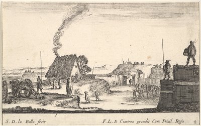 プレート4：兵士が欄干に立って右の美人に向かっている軍の野営地、およそ。 1641年。 作： Stefano della Bella