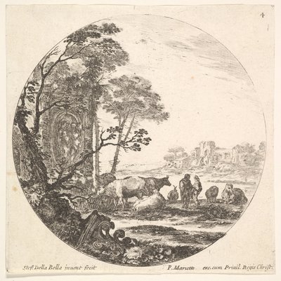 プレート4：フォアグラウンドで左に地面にあるコリント式の首都、記念碑w ...、ca。 1643-48。 作： Stefano della Bella