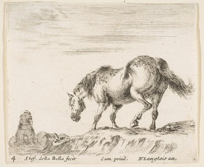 プレート4：左を向いた横顔の馬、塚から降りようとしている馬...、1644年から47年頃の作品。 作： Stefano della Bella