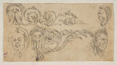 プレート 4: 「フリーズ、葉、グロテスク」からの 5 つのグロテスクな頭部 Frises, feu..., ca. 1642-43。 作： Stefano della Bella