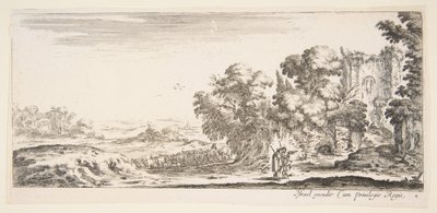 プレート4：右の遺跡を観察する2人の巡礼者、1人は右を指差しているシェップ...、1641年頃。 作： Stefano della Bella
