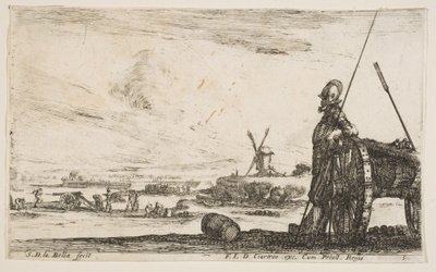 プレート 5: 大砲のすぐ隣に立っているパイクマン、その他の軍人... 1641年。 作： Stefano della Bella