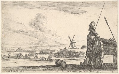 プレート5：カノンのすぐ隣に立っているパイクマン、基地内の他の軍人、... 1641年。 作： Stefano della Bella