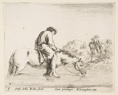 プレート5：川を渡る乗馬で裸足の農民、馬で別の農民...、およそ。 1644-47。 作： Stefano della Bella
