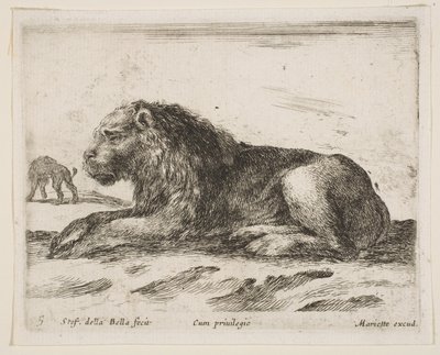 プレート5：リクライニングライオン、さまざまな動物からDiversi animali、1641年。 作： Stefano della Bella