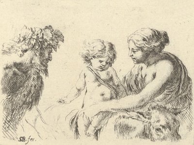 プレート 6: ロバの上に座っている子供を抱いている右側の女性、l... のサテュロス。 1646年。 作： Stefano della Bella
