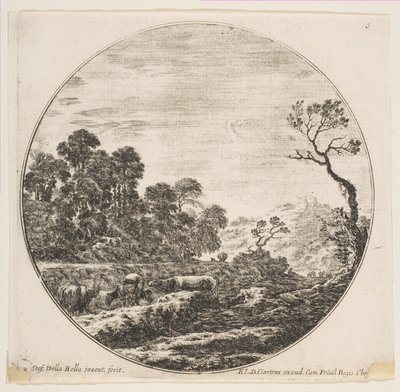 プレート6：左側の谷を横切る牛、背後にある騎手と他の牛...、およそ1646年。 作： Stefano della Bella