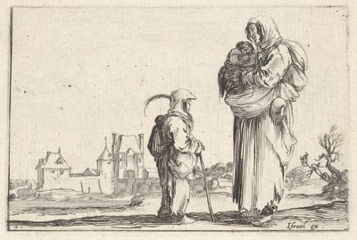 プレート 7: 農民の女性が子供を右に運び、立っている別の子供に話しかけている..., ca. 1642年。 作： Stefano della Bella