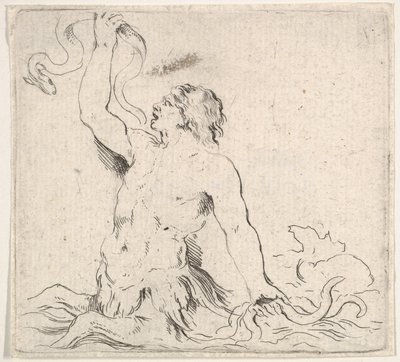 プレート 7: 水の中のトリトン、左を向き、右手にウナギを持ち、t..., ca. 1646年。 作： Stefano della Bella