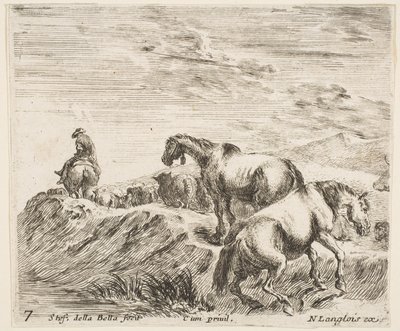 プレート7：行列に続いて川の土手に登っている2頭の馬...、およそ1644-47。 作： Stefano della Bella
