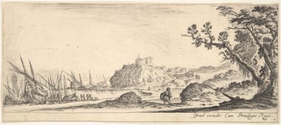 プレート7：左側の岸にあるさまざまなボート、後ろから見た、バッグを運ぶ男、そして... 1641年。 作： Stefano della Bella