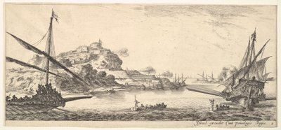 プレート8：後ろから見た左のギャレーと右のギャレーの弓... 1641年。 作： Stefano della Bella