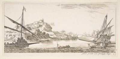 プレート8：後ろから見た左のギャレーと右のギャレーの弓... 1641年。 作： Stefano della Bella