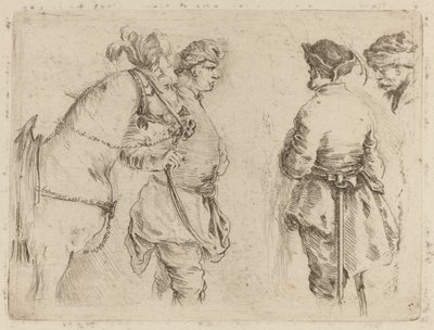 他の 2 人の男性と話している間、馬の手綱を保持しているポール。 作： Stefano della Bella