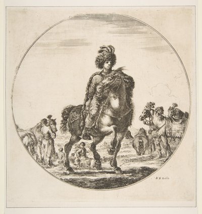ポーランドの騎手、右向き、円形の構図、馬上の洞窟のフィギュア...、ca。 1651年。 作： Stefano della Bella