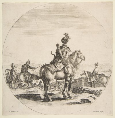 彼の馬を右に向けて後ろから見た弓矢を持つポーランドの騎士、...、ca。 1651年。 作： Stefano della Bella