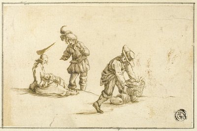 休息する母子と2人の男、1人はバスケットを持ち上げる 作： Stefano della Bella