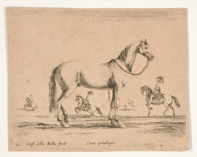 ライダーのいない馬、ライダーがバックグラウンドで馬場馬術をしている 作： Stefano della Bella
