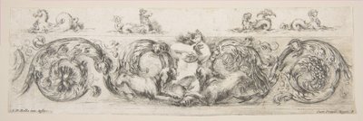 リンソーと犬に怯えた子供、プレート 8 から: 「装飾的なフリーズと葉」...、ca. 1648年。 作： Stefano della Bella
