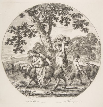 2つの山羊とブドウのバスケットを持って左に向かって歩くサテュロス一家。 1657 作： Stefano della Bella