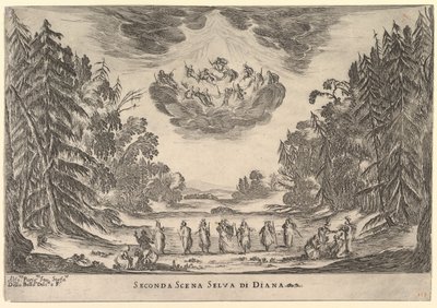ディアナの森の2番目のシーン、神の結婚Le nozze degli Dei、1637年。 作： Stefano della Bella