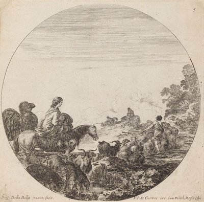 羊飼いと群れ、女性とラクダ、1646年。 作： Stefano della Bella