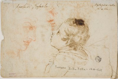 祈る子供のスケッチ、2人の男性の横顔（レクト）、男性の頭部のスケッチ（裏面） 作： Stefano della Bella