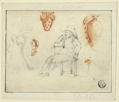 座った男のスケッチ、メディチ家の紋章 作： Stefano della Bella