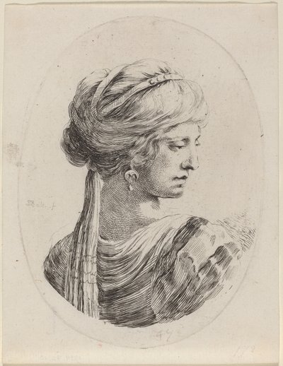 後ろから見たベールをかぶったターバンのスルタネス 作： Stefano della Bella