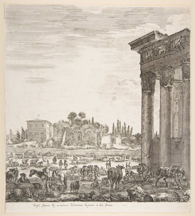 アントニヌス神殿の右側の柱、中央のカンポヴァッキノの一部、...、1656年。 作： Stefano della Bella