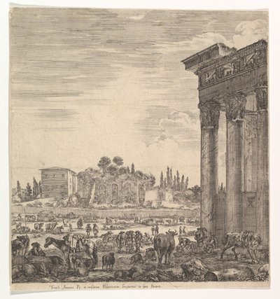 アントニヌス神殿の右側の柱、中央のカンポヴァッキノの一部、...、1656年。 作： Stefano della Bella