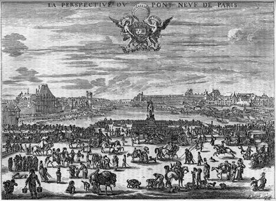 1646年のパリのポン・ヌフの土地は、デラベラの彫刻の後である。 作： Stefano della Bella