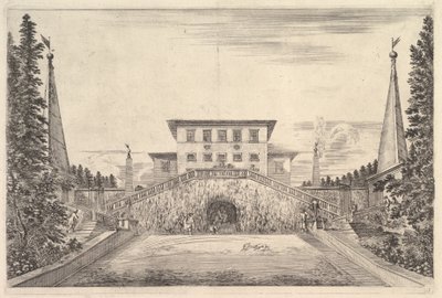中央の別荘には、4つのオベリスク、両側にある階段、... 1653年。 作： Stefano della Bella