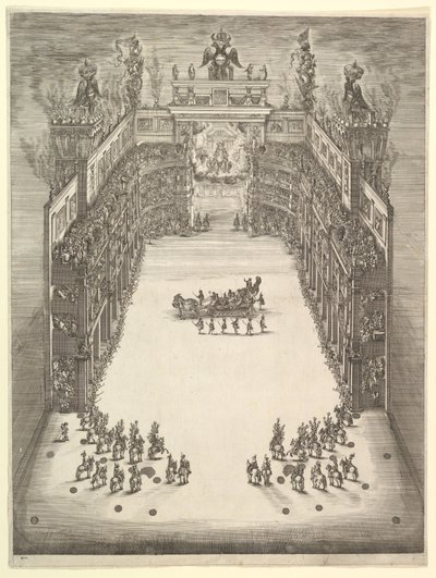 上から見た、観客で賑わうモデナの劇場。中心に勝利の車があり、1652年。 作： Stefano della Bella