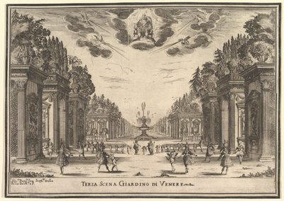 3 番目のシーン、ヴィーナスの庭、「神々の結婚」「Le nozze degli Dei」、1637 年。 作： Stefano della Bella