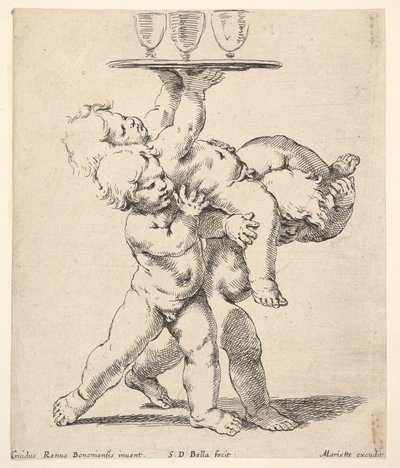 トレイを運ぶ子供3人。 1638。 作： Stefano della Bella