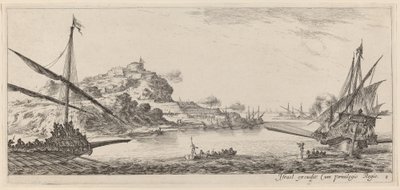 1647 年またはそれ以前の 2 つのガレー船とその打ち上げ。 作： Stefano della Bella