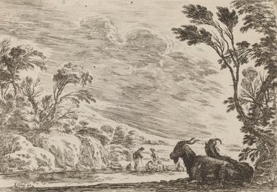 横たわる2頭のヤギ、1642年。 作： Stefano della Bella