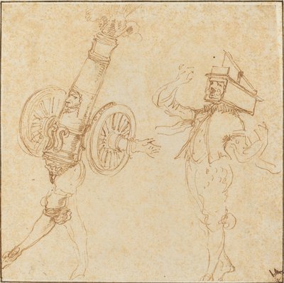 仮面舞踏会の衣装を着た 2 人の男性: 大砲の発射とネズミ捕りの中の猫, c. 1645年。 作： Stefano della Bella
