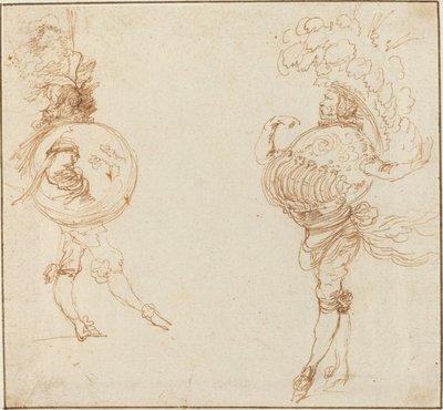 仮面舞踏会の衣装を着た 2 人の男性: 地球とパレード ヘルメット、c. 1645年。 作： Stefano della Bella