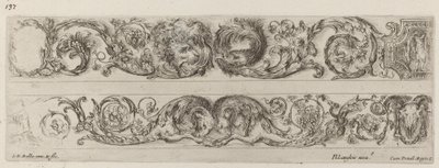 ライオンとワシの頭が向かい合った 2 つの装飾用バンドと 2 つの雄羊、おそらく 1648 年。 作： Stefano della Bella